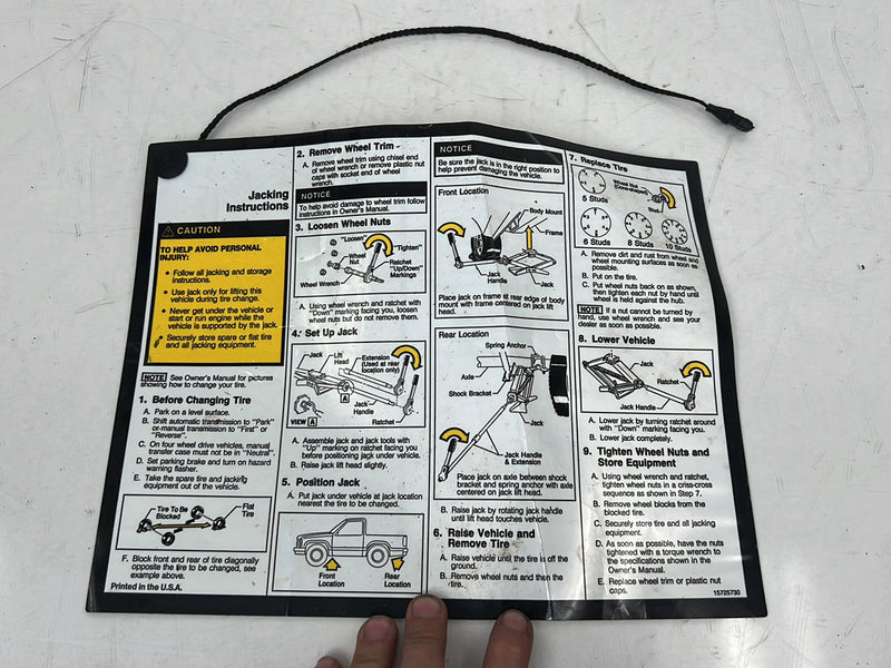 1995-1998 Chevrolet GMC C/K Spare & Jack Storage Info Instruction Card OEM