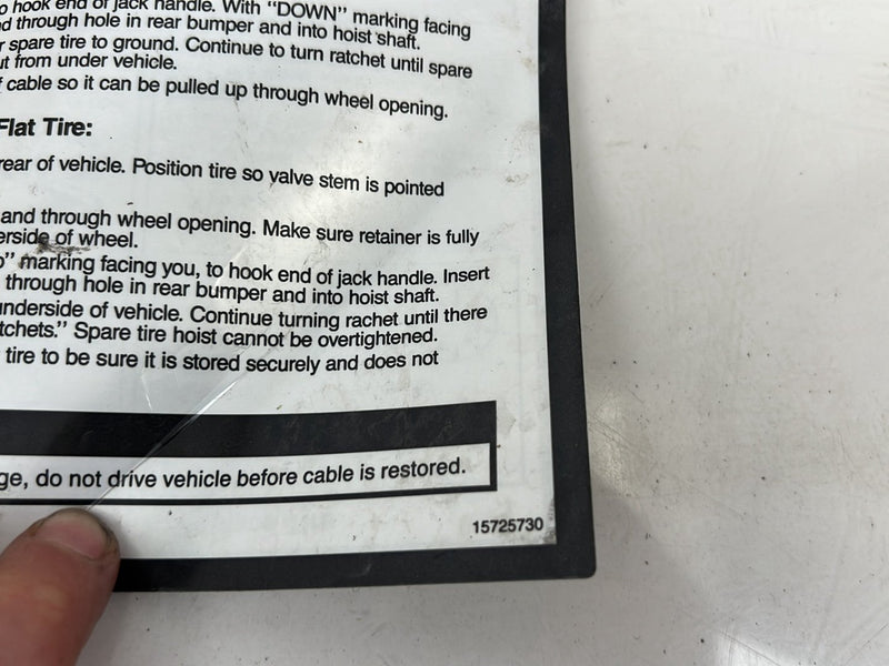 1995-1998 Chevrolet GMC C/K Spare & Jack Storage Info Instruction Card OEM