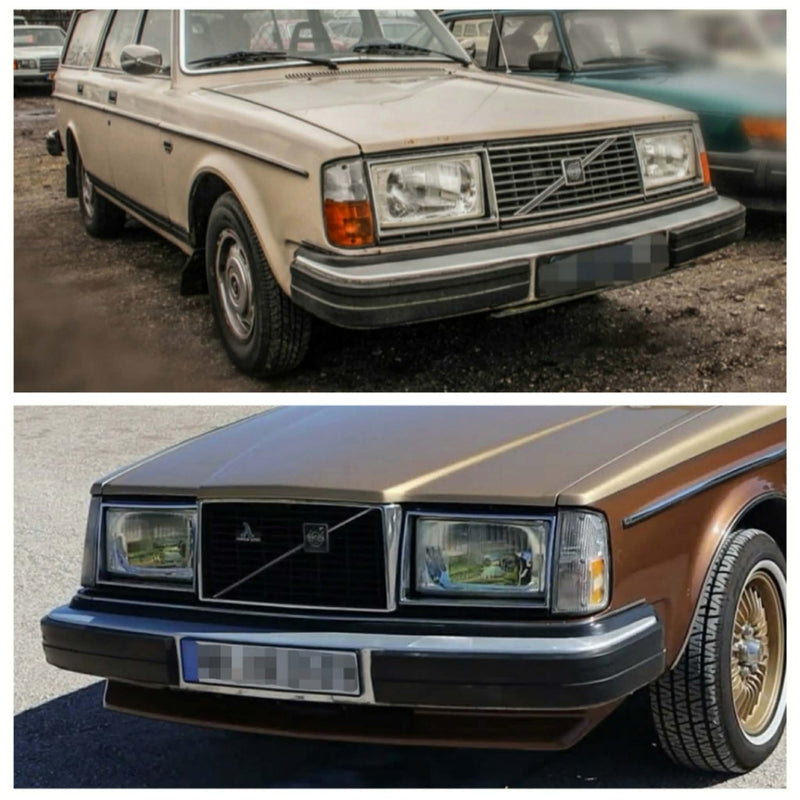 1975-1985 Volvo 240 TV Screen Headlight Set w/Flat-hood Eggcrate Grille 1246618