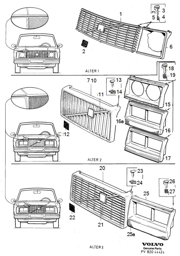 1975-1985 Volvo 240 TV Screen Headlight Set w/Flat-hood Eggcrate Grille 1246618