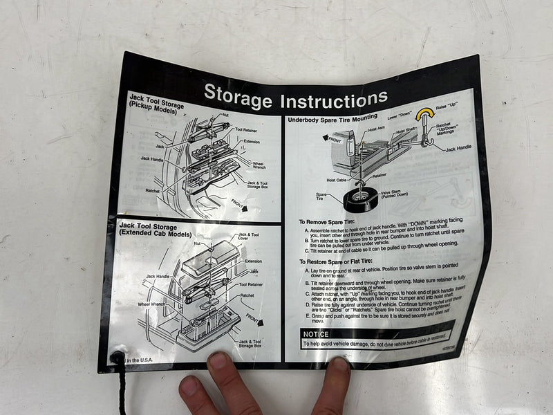 1995-1998 Chevrolet GMC C/K Spare & Jack Storage Info Instruction Card OEM