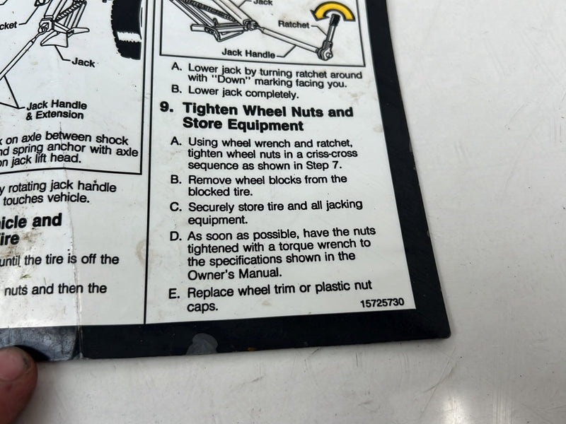 1995-1998 Chevrolet GMC C/K Spare & Jack Storage Info Instruction Card OEM