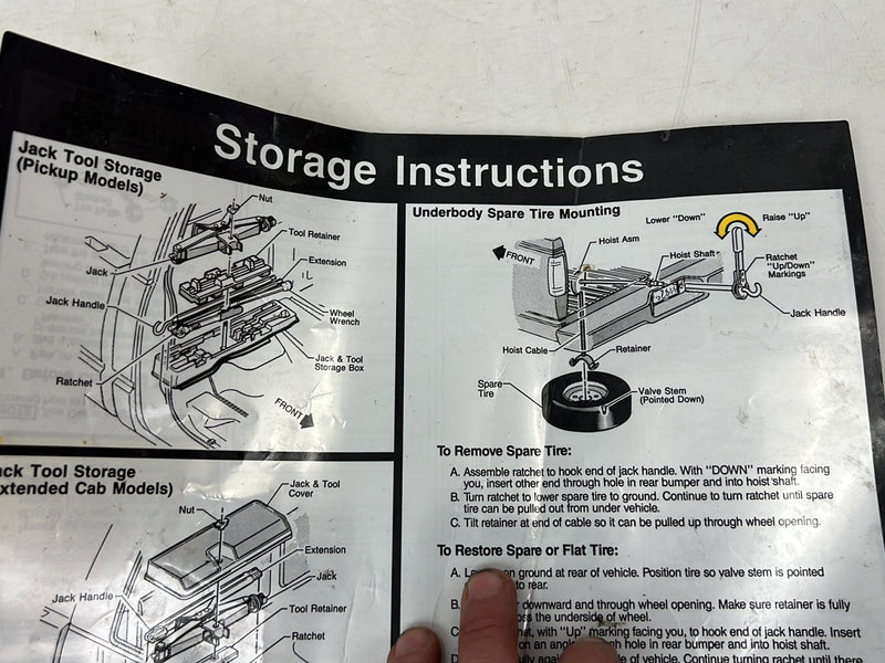 1995-1998 Chevrolet GMC C/K Spare & Jack Storage Info Instruction Card OEM