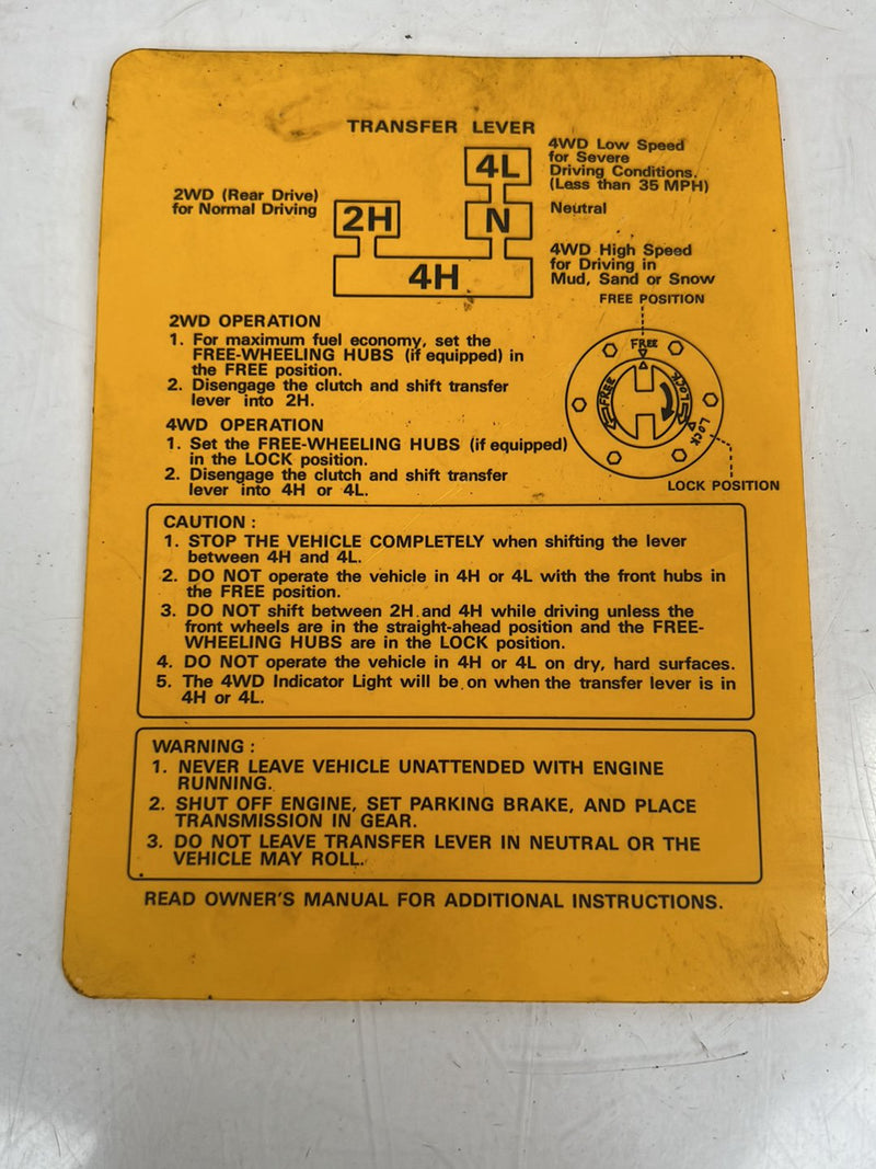 1985-1988 Suzuki Samurai Transfer Case Instruction Card OEM #6731EM