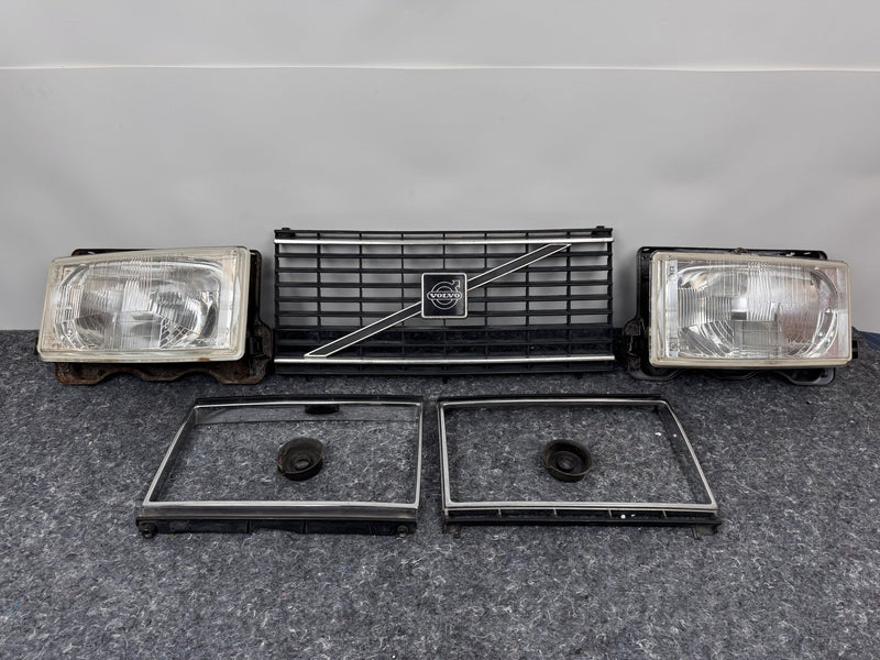 1975-1985 Volvo 240 TV Screen Headlight Set w/Flat-hood Eggcrate Grille 1246618