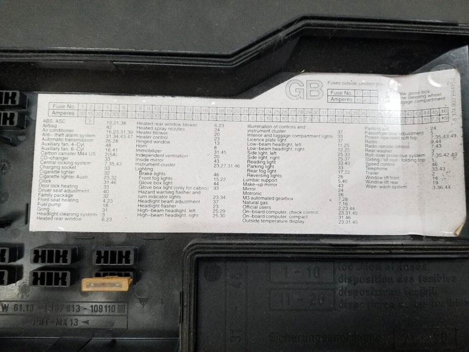 92-99 BMW M3 E36 Fuse Box Lid OEM 1387613 #199AN